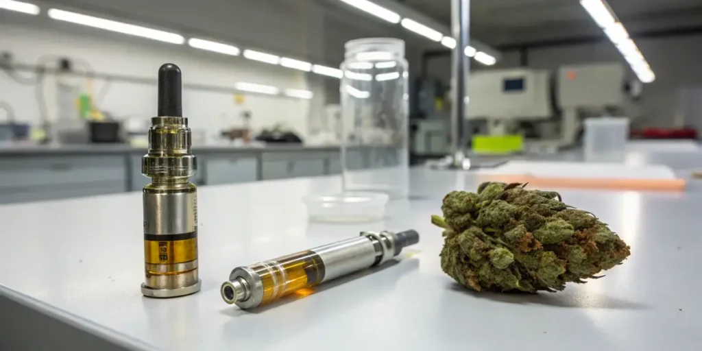 Cannabis vape cartridge and device next to a cannabis bud in a laboratory setting.