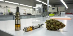 Cannabis vape cartridge and device next to a cannabis bud in a laboratory setting.