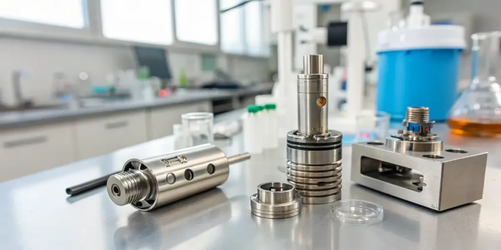 Disassembled cannabis vape device components on laboratory table with scientific equipment in background.