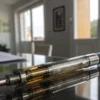 Cannabis vape pen with oil cartridge placed on reflective glass table indoors.