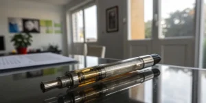Cannabis vape pen with oil cartridge placed on reflective glass table indoors.
