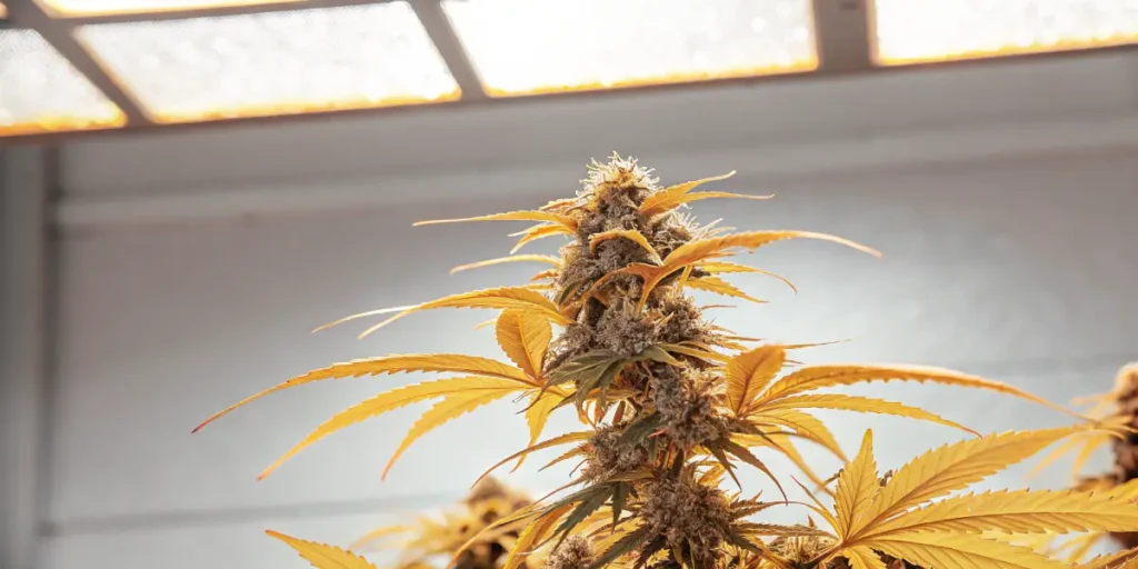 Cannabis plant with yellow leaves during late flowering stage in indoor grow.