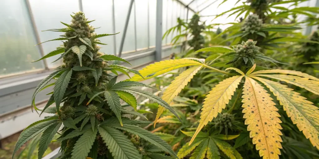 Cannabis plant with yellow leaves showing nutrient deficiency symptoms.