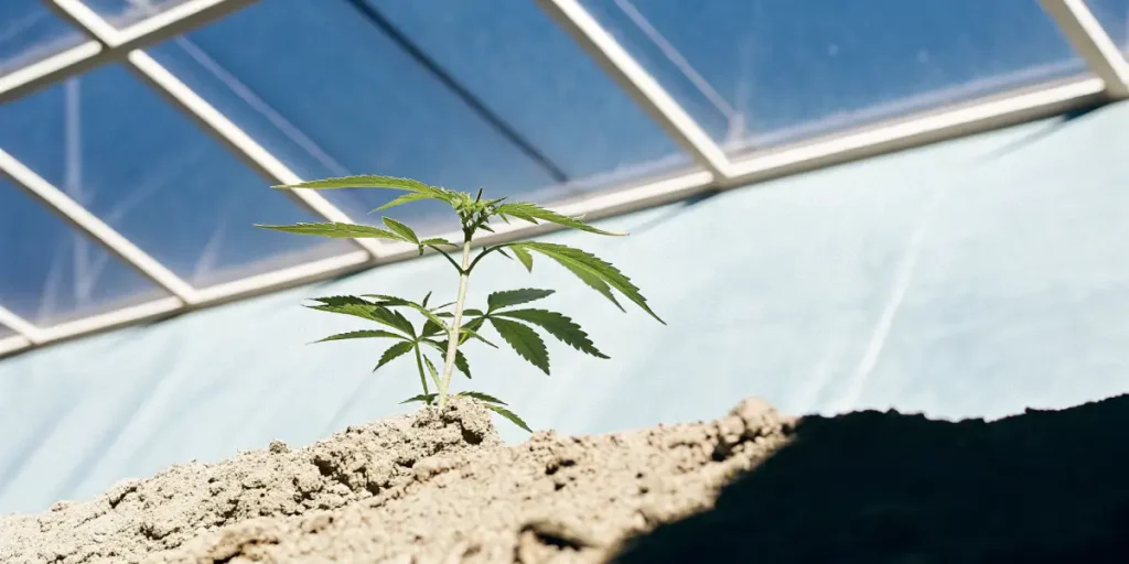 Young cannabis plant growing in soil under sunlight inside a greenhouse structure.