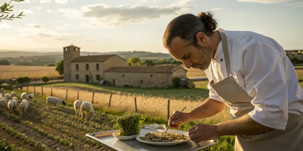 Chef preparing a cannabis-inspired dish on a tray in a rural farm landscape.