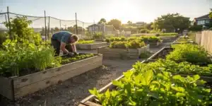 Person tending plants in raised beds in a community garden at sunset.
