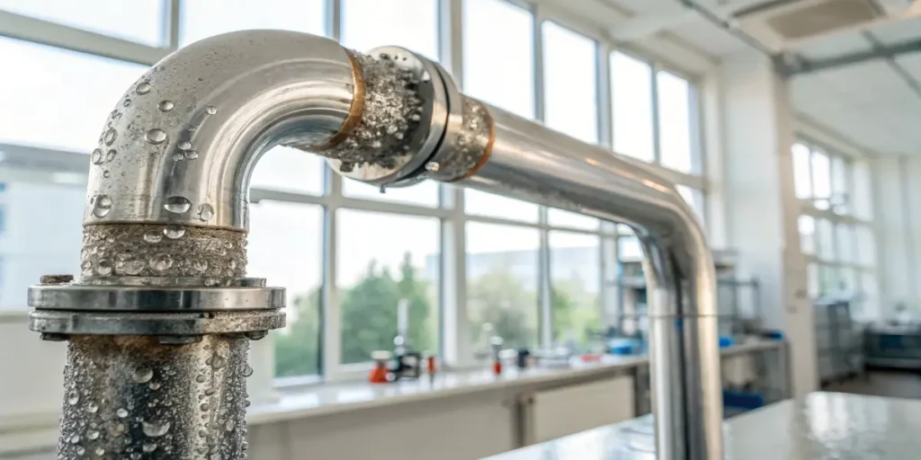 Water condensation on metal pipe inside laboratory environment.