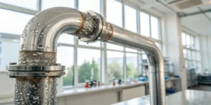 Water condensation on metal pipe inside laboratory environment.
