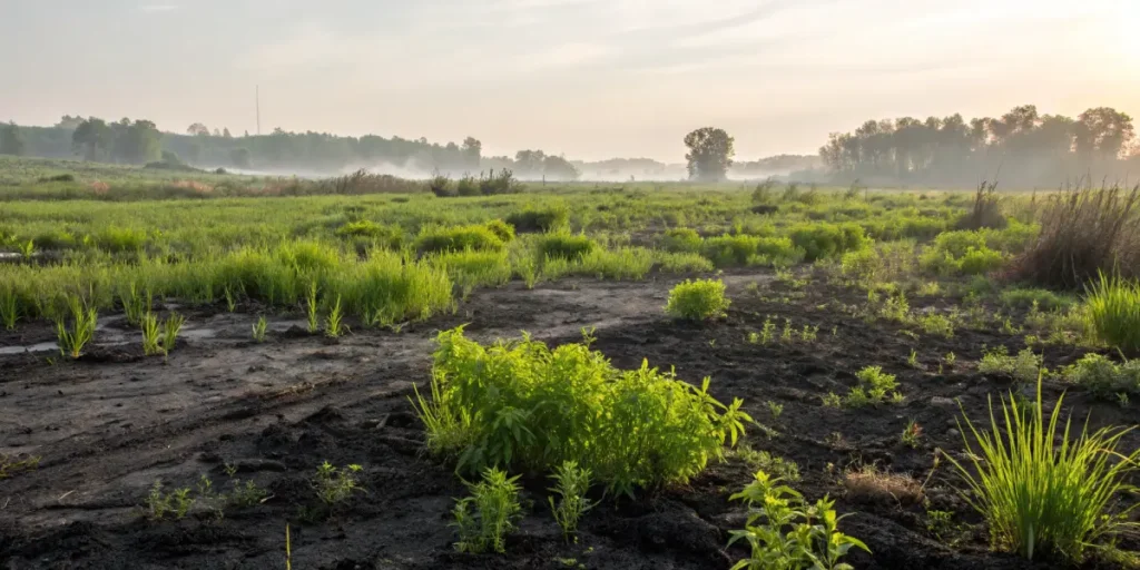 Degraded soil field with sparse vegetation and early signs of land restoration.