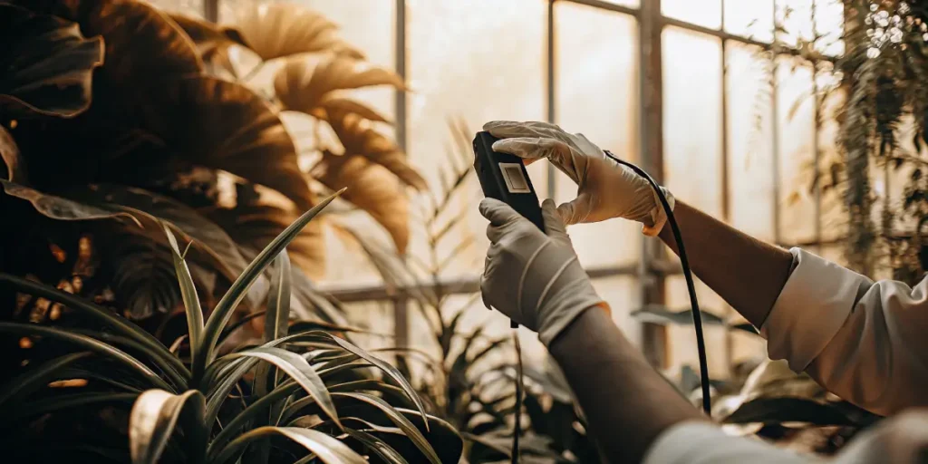 Scientist using a digital pH meter to measure soil conditions in greenhouse plants.