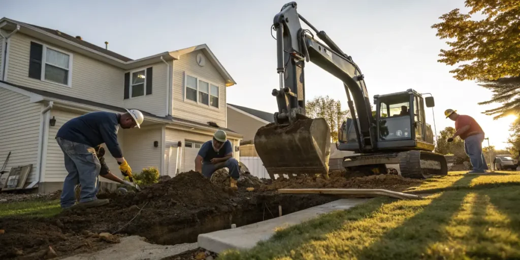 Workers excavating and replacing soil in a residential yard with heavy machinery.