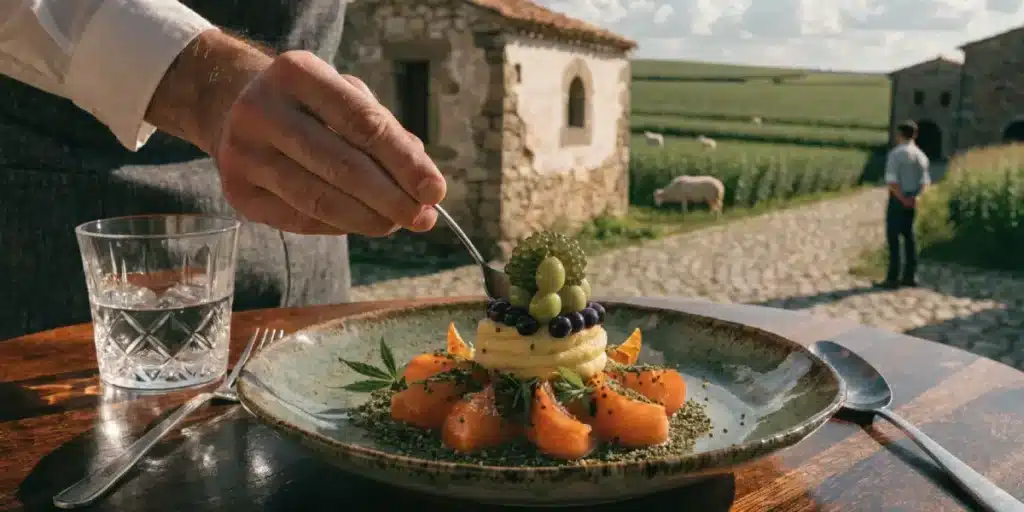 Chef plating a gourmet dish with cannabis leaves and fresh ingredients in a rural setting.