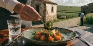 Chef plating a gourmet dish with cannabis leaves and fresh ingredients in a rural setting.