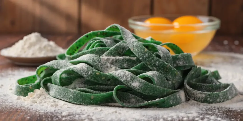 Fresh green spinach tagliatelle pasta dusted with flour and eggs in the background.