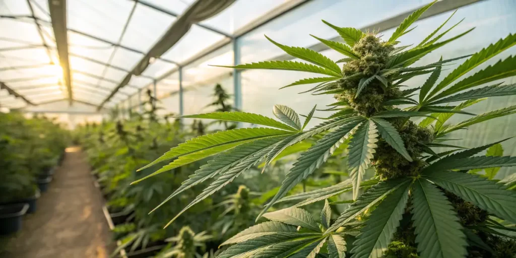 Cannabis plants flowering in greenhouse with warm sunset light.