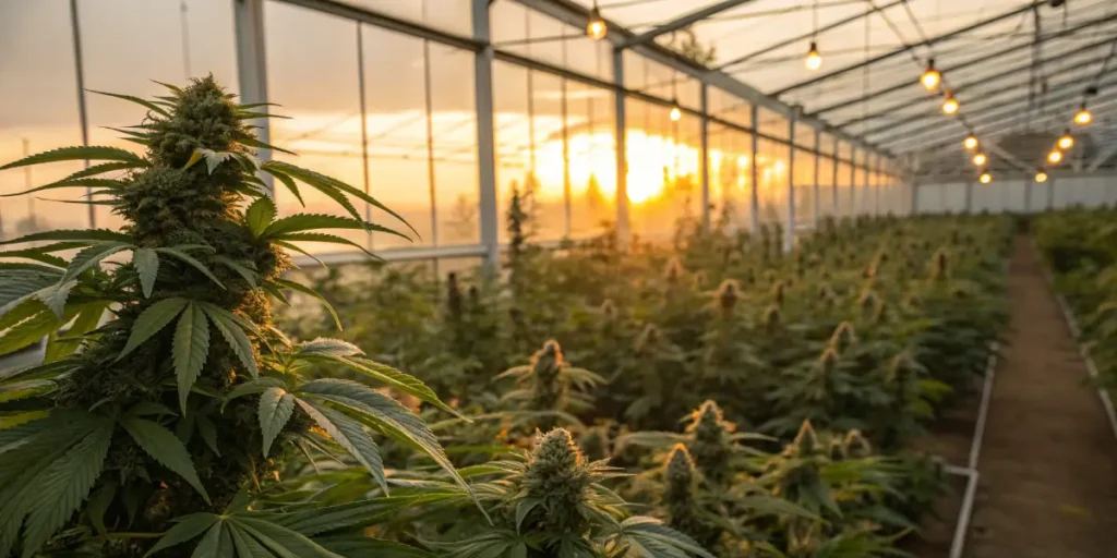 Cannabis plants growing inside a greenhouse during sunset with warm lighting.