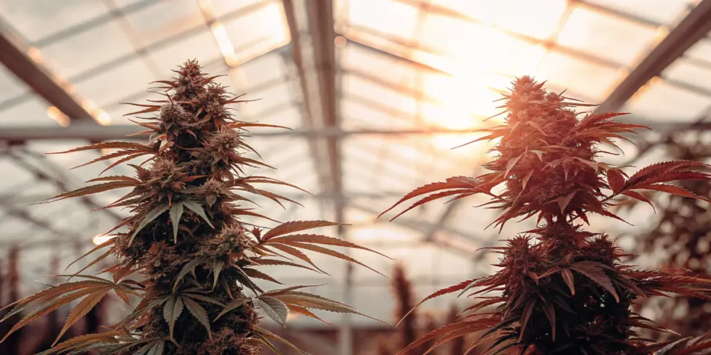 Cannabis plants with reddish leaves in a greenhouse during flowering at sunset.