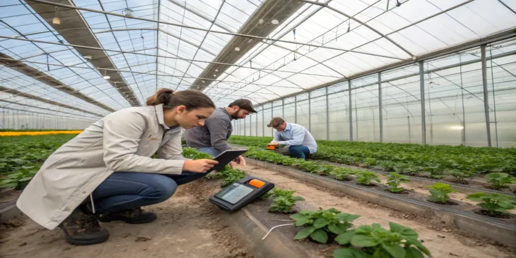 Research team analyzing plants with digital tools inside greenhouse.