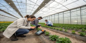 Research team analyzing plants with digital tools inside greenhouse.