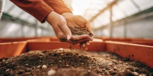Close-up of hands sifting soil in a greenhouse to assess substrate quality.