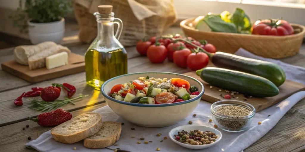 Healthy Mediterranean meal with hemp seeds, fresh vegetables and olive oil in sunlight