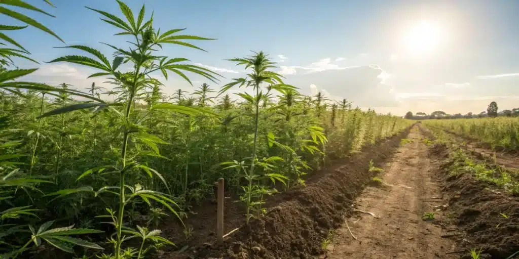 Rows of hemp plants growing in an outdoor cannabis field under sunlight.