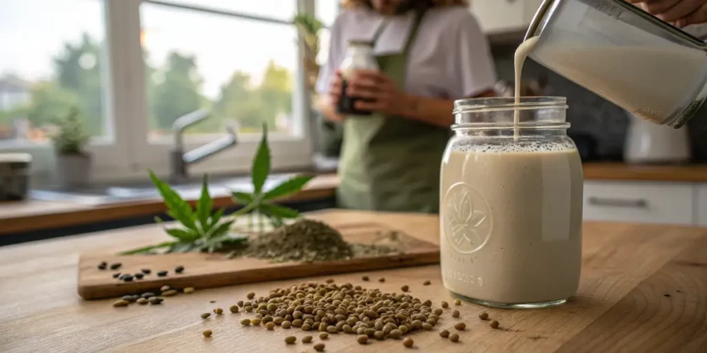 Homemade hemp milk being poured into a glass jar with cannabis seeds on a kitchen table.