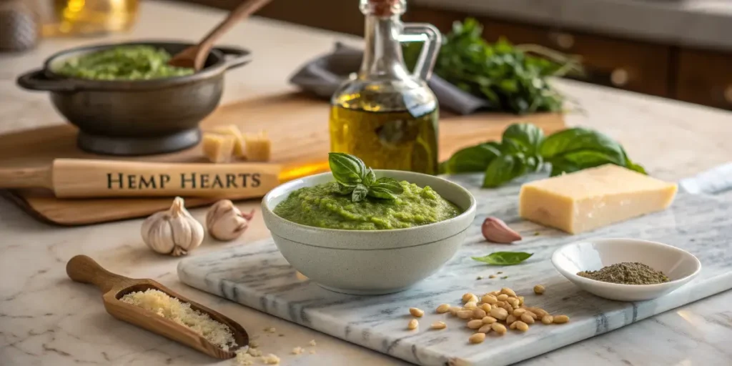 Hemp pesto sauce with hemp hearts, garlic, parmesan, and olive oil.