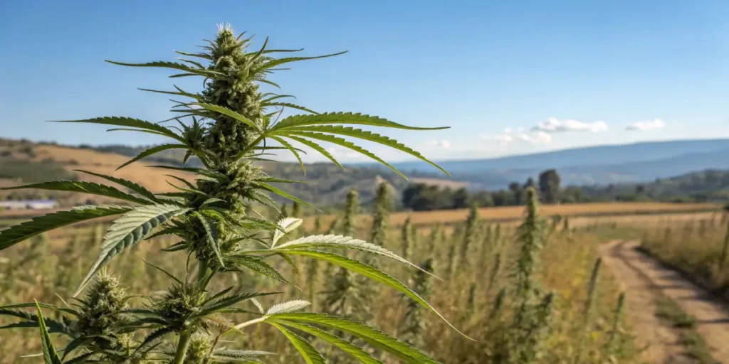 Close-up of a hemp plant growing in a rural outdoor field with mountains in the background.
