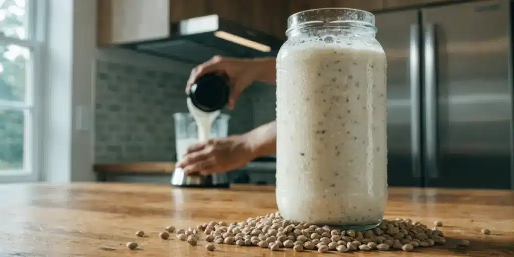 Hemp seed milk in a jar with seeds on the table and a blender in the background.