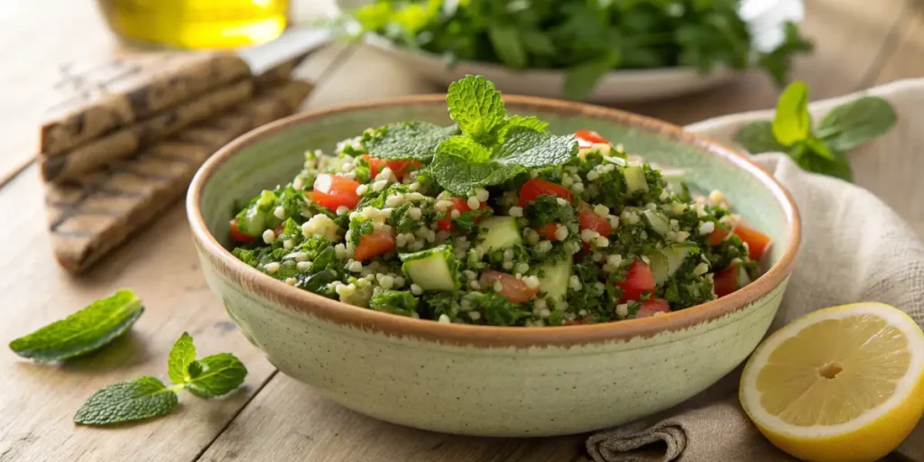 Hemp tabbouleh salad with mint, cucumber, tomato, and lemon.