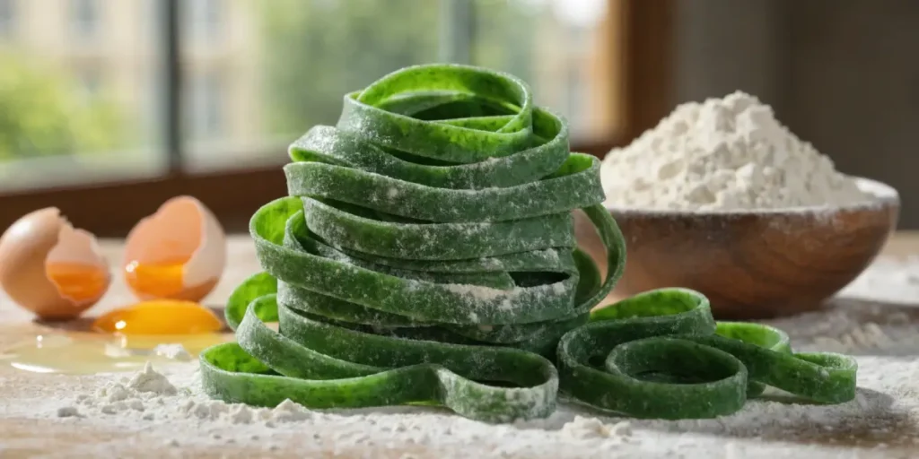 Stack of fresh green tagliatelle pasta with flour and cracked eggs on a kitchen surface.