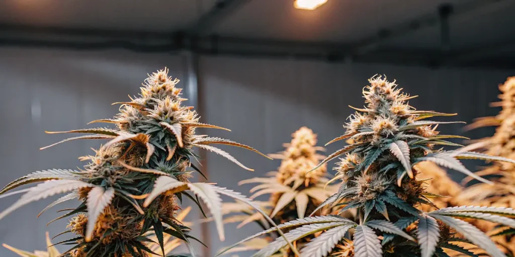 Dense cannabis buds growing indoors under artificial LED lighting.