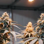 Dense cannabis buds growing indoors under artificial LED lighting.