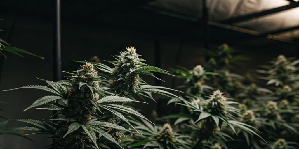 Indoor cannabis plants in flowering stage under LED lights in a grow room.