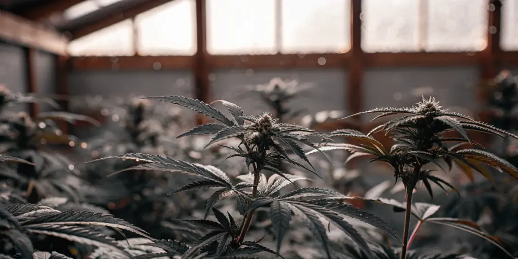 Cannabis plants with developing buds inside greenhouse environment.