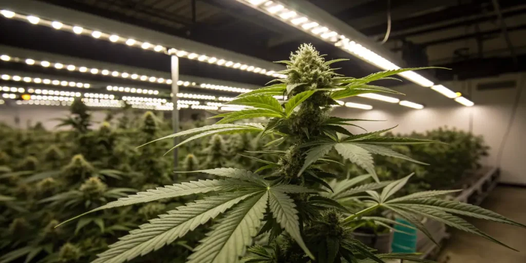 Cannabis plant in flowering stage under LED lights in indoor grow room.
