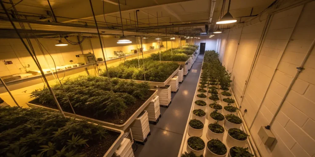 Large indoor cannabis grow room with rows of plants under artificial lighting.