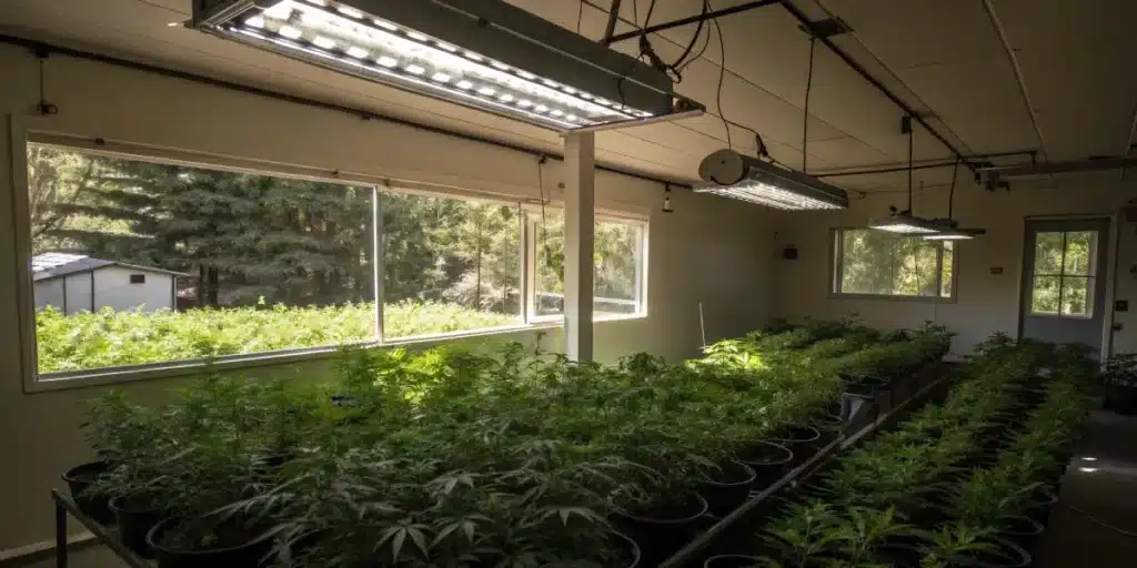 Indoor cannabis grow room with plants under LED lights and natural window light.