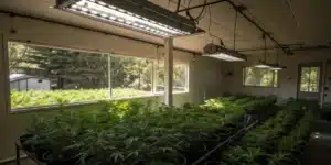 Indoor cannabis grow room with plants under LED lights and natural window light.