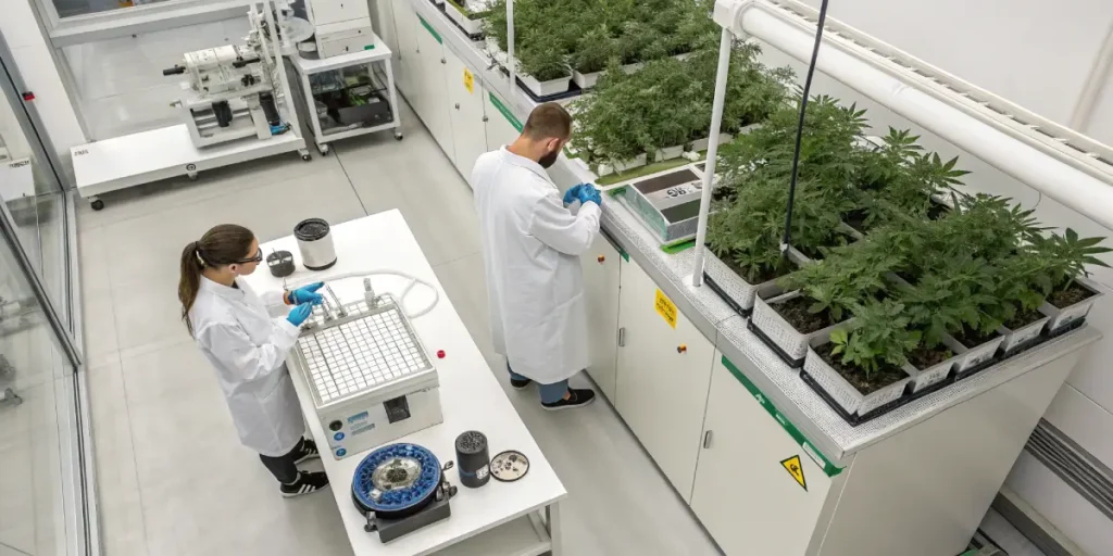 Scientists working with cannabis plants in controlled indoor laboratory setup.