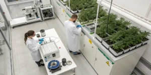 Scientists working with cannabis plants in controlled indoor laboratory setup.