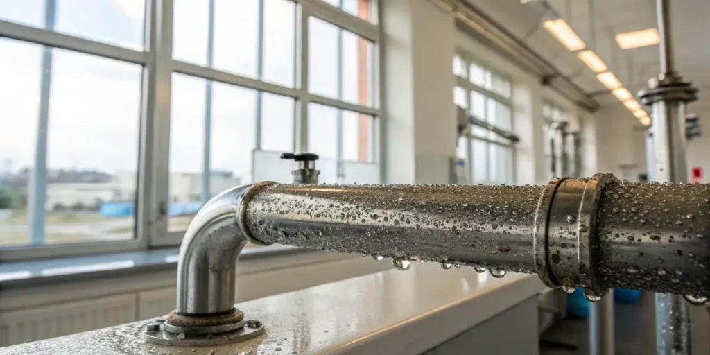 Condensation droplets forming on industrial pipe in indoor facility.
