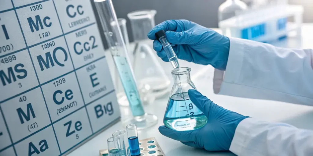 Scientist using pipette and flask for chemical analysis in laboratory setting.