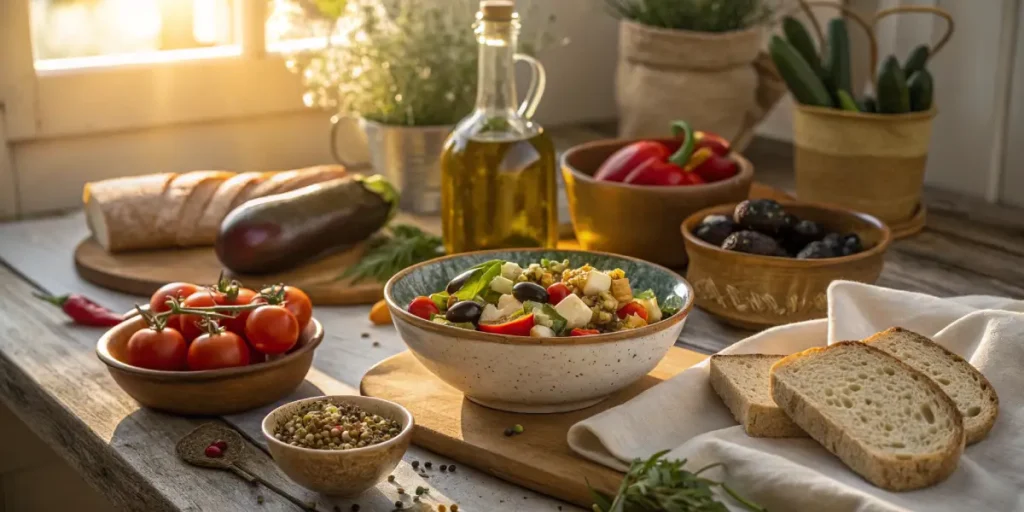 Mediterranean salad with vegetables, olive oil and cannabis seeds on rustic kitchen table