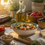 Mediterranean salad with vegetables, olive oil and cannabis seeds on rustic kitchen table