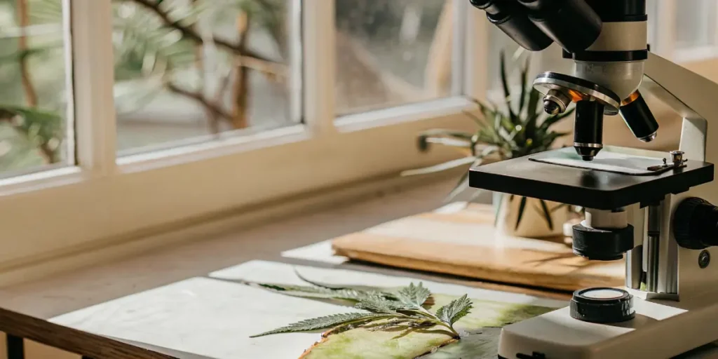 Microscope examining a cannabis leaf sample on a lab workstation.