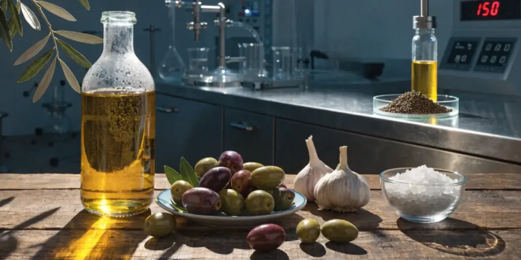 Olive oil and cannabis seeds displayed in a laboratory setting with glassware and analysis equipment.