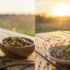 Comparison of olive oil and cannabis seed oil with olives, hemp seeds, and plant leaf at sunset.