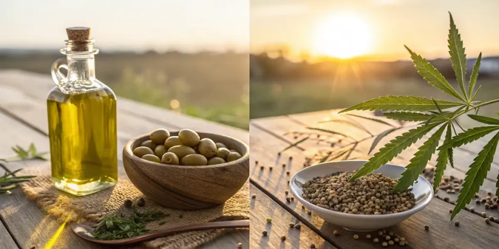 Comparison of olive oil and cannabis seed oil with olives, hemp seeds, and plant leaf at sunset.